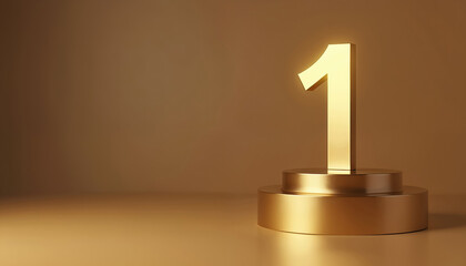 Gold number one stands on a double tiered platform. It represents winning award success and achievement. Suitable for contests and leadership illustrations. Photo of winner or champion.