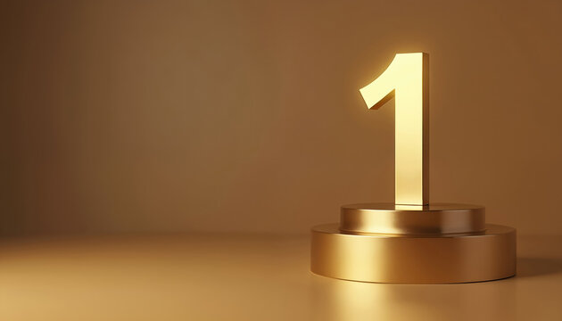 Gold number one stands on a double tiered platform. It represents winning award success and achievement. Suitable for contests and leadership illustrations. Photo of winner or champion.