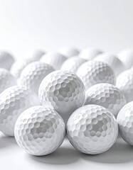 A striking close-up of multiple white golf balls stacked on a bright white surface.