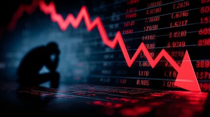 Fototapeta premium Stock market crash showing a desperate businessman and red falling arrow on digital screen