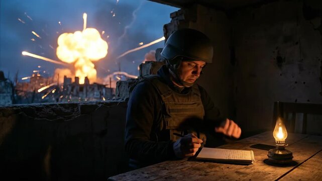 Military correspondent man writing in notebook in war, with explosions and trails, for military journalism and conflict reporting