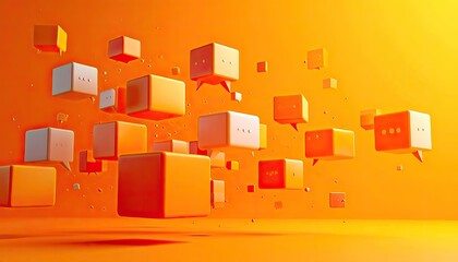 Abstract 3D rendering of orange and white floating speech bubbles against a bright orange background.