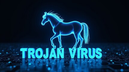 A glowing blue horse silhouette represents a Trojan virus, with the text 'TROJAN VIRUS' in bold, digital style, conveying a tech-themed concept.