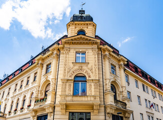 Exterior view of the Narodni Dom on Trg Celjskih knezov, a neo Renaissance landmark designed by architect Vladimir Hrasky, housing municipal offices and an art gallery 