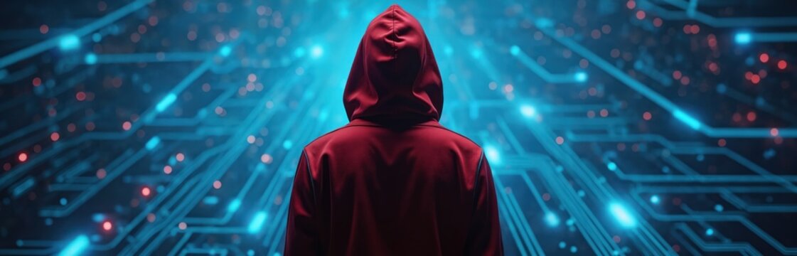 Person in red hood stands against glowing blue digital circuit board. Anonymous figure in back view, abstract ai cyberspace background. Dark web hacker theme, computer network breach.