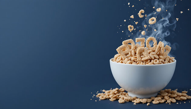 2020 Alphabet Cereal in Milk Bowl with Floating Letters on Blue Background for Whimsical Breakfast Art, 4K image  - Powered by Adobe