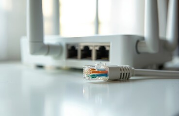 Network router with plugged ethernet cable near its ports. Device for internet connection and data transfer. Wireless antennas extend from router base.