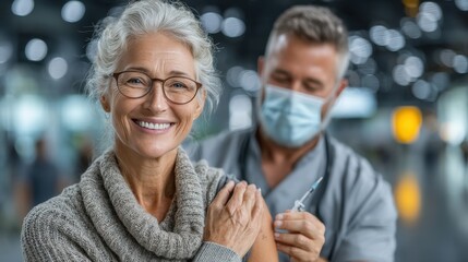 An elderly woman with gray hair smiles as she receives a vaccination. A healthcare professional administers the vaccine while wearing a mask in a bright setting.