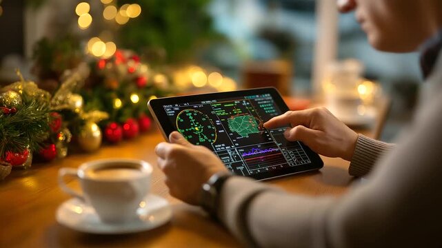 Faceless flight director's hands analyzing reentry calculations on tablet, defocused Christmas coffee and decorations nearby, winter space mission critical phase, holiday aerospace