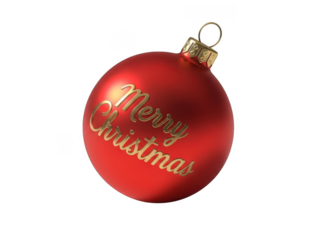 A shiny red christmas ornament with the golden text merry christmas written on it, isolated on transparent background