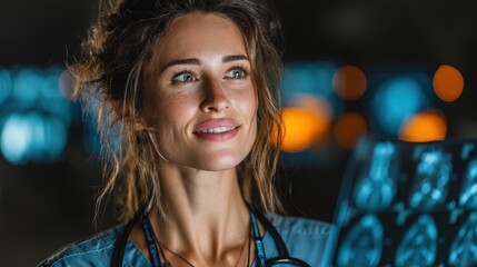 A European female doctor with light brown hair smiles while inspecting medical imaging. She is dressed in scrubs, conveying professionalism and care in a clinical setting.