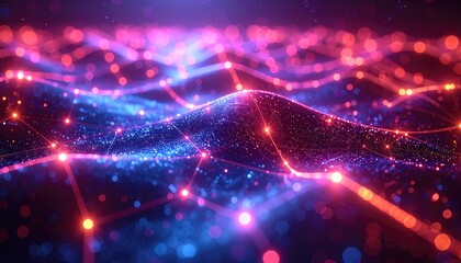 Abstract visualization of a glowing digital data network with flowing light trails and bokeh effects in vibrant pink and blue hues.
