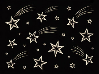 A collection of 11 hand-drawn shooting stars and stars in pale yellow against a black background.