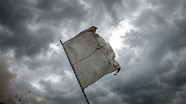 Dramatic white flag waves against stormy sky