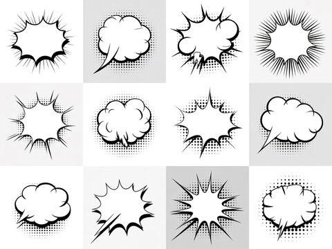 A collection of 16 black and white comic book speech bubble and explosion designs arranged in a 4x4 grid. - Powered by Adobe