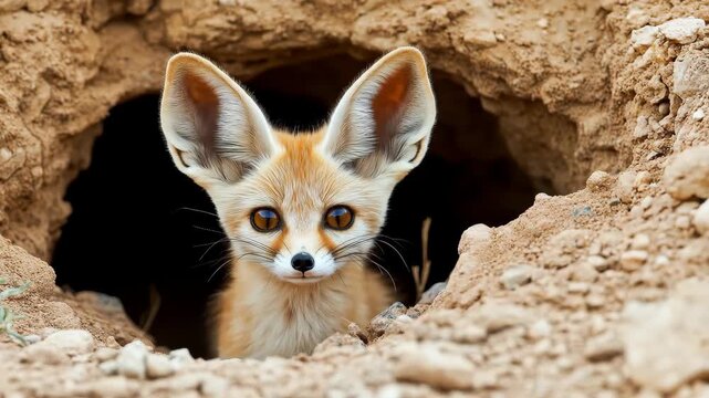 Watch a curious fennec fox peering out of its den, its large ears alert to the surroundings. This small desert animal demonstrates wildlife survival.