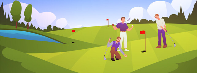 People playing golf on the lawn, golf equipment, red flags, vector flat sport leisure activity, training on natural landscape