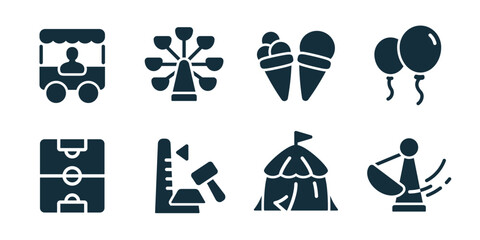 Amusement park excellent icon collection. Set of food cart, ferris wheel, ice cream, balloons, football field, hammer game, circus tent, and spin ride icons © stas111