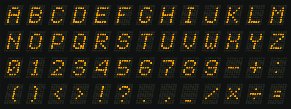 Pixel style alphabet and numbers made with bright grid dots. Characters form retro digital display