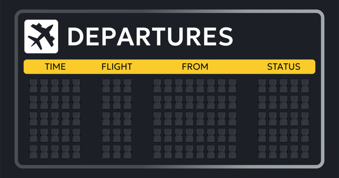 Airport departures board with time flight origin and status fields. Minimal style with clear shapes and smooth contrast