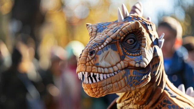 Person in detailed dinosaur costume with people background