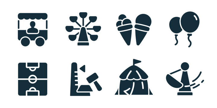 Amusement park excellent icon collection. Set of food cart, ferris wheel, ice cream, balloons, football field, hammer game, circus tent, and spin ride icons