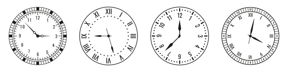 Classic analog clock faces shown in different styles. Thin outlines and clean numerals create a simple mechanical look
