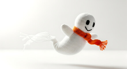 Knitted ghost with orange scarf floating in white space