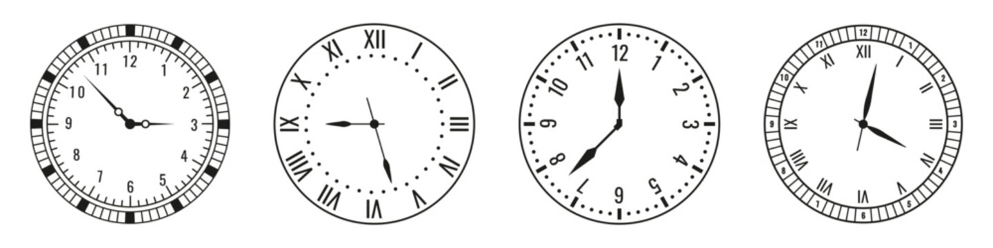 Classic analog clock faces shown in different styles. Thin outlines and clean numerals create a simple mechanical look