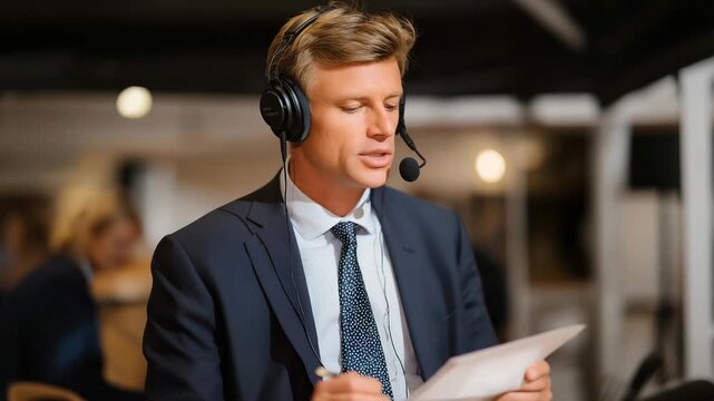 A focused interpreter listening intently through headphones at a diplomatic summit, hands moving quickly across notes as delegates speak &mdash; global diplomacy, cross-cultural understanding, and