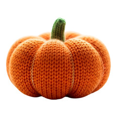 Knitted orange pumpkin with green stem on black fall