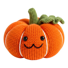 Knitted orange pumpkin with smiling face and green stem