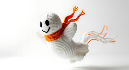 Knitted white ghost with orange scarf flying image 1