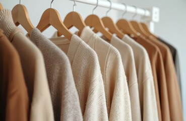 Fototapeta premium Neutral tone sweaters neatly arranged on wooden hangers. Minimalist clothes rack with warm beige and brown knitwear. Cozy autumn or winter fashion collection.