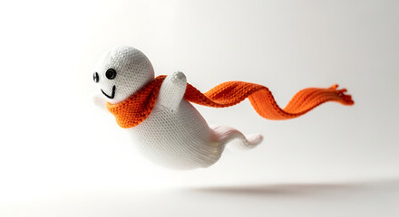 Knitted white ghost with orange scarf flying image