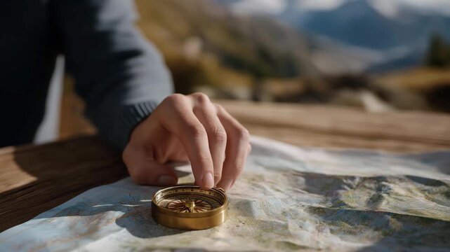 A hand holding a brass compass above a topographic map on a wooden table &mdash; adventure planning, outdoor navigation skills, travel inspiration, and exploration lifestyle. cinematic color correction,