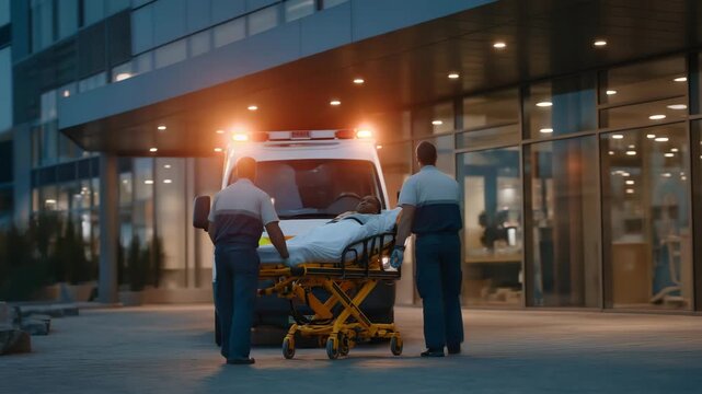 A hospital emergency bay illuminated by rotating siren lights as paramedics wheel a patient toward the entrance &mdash; life-or-death medical urgency, trauma team readiness, and emotional high-stakes
