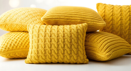 Stack of yellow knitted cable knit throw pillows image