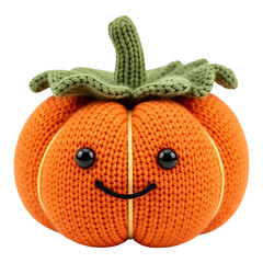 Knitted orange pumpkin with green stem and leaves black eyes and smile