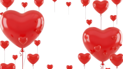 Multiple red heart shaped balloons floating isolated on transparent background