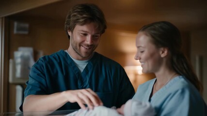 A new parent reacting to life-changing news from a doctor while standing beside a hospital bassinet, relief and happiness flooding their face — family milestone, emotional health journey, and