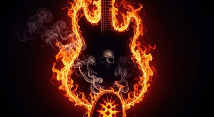 Fiery electric guitar silhouette engulfed in intense flames and wisps of smoke against a dark background
