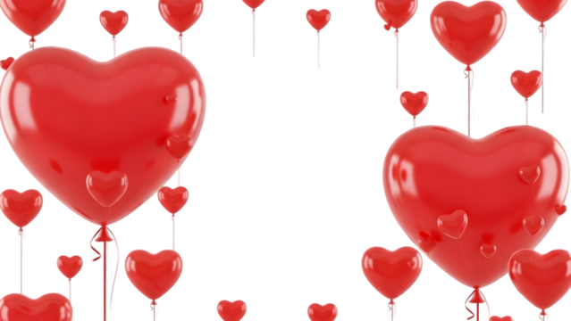 Multiple red heart shaped balloons floating isolated on transparent background - Powered by Adobe