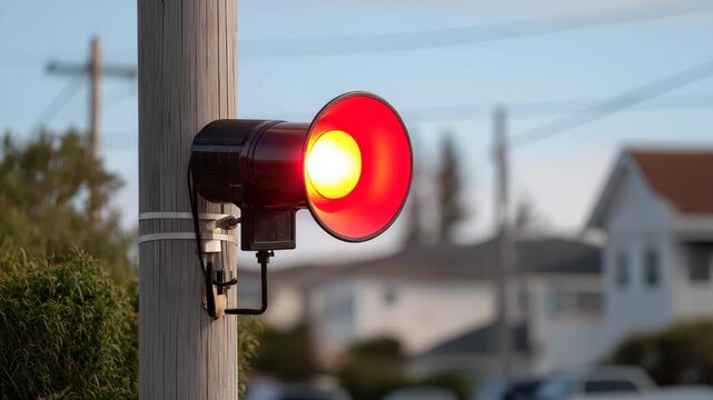 A neighborhood civil defense siren mounted on a utility pole flashing red during an emergency drill, with families stepping out onto porches to watch &mdash; community safety awareness, municipal