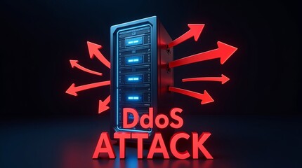 A striking visual of a computer server with glowing lights, surrounded by arrows and the text 'DDoS ATTACK', symbolizing cyber threats.
