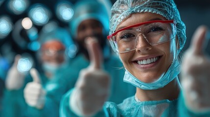 A diverse healthcare team of professionals, wearing surgical attire and smiling, shows their support with thumbs up in a medical environment.