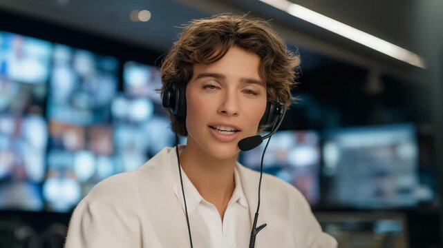A simultaneous interpreter in a soundproof booth wearing a professional headset, speaking into a microphone while watching a live conference on multiple screens &mdash; high-level international