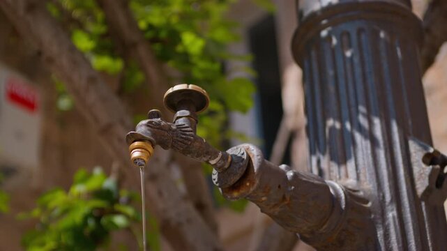 A person hand is captured mid-action turning a decorative vintage-style outdoor water tap attached to a cast iron fountain with blurred green foliage in the background