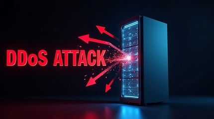 Digital concept of a DDoS attack with a server, featuring glowing elements and dynamic arrows, conveying urgency and technology.