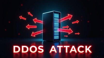 A futuristic representation of a DDoS attack, featuring a server with glowing elements and arrows indicating an overwhelming influx of traffic.